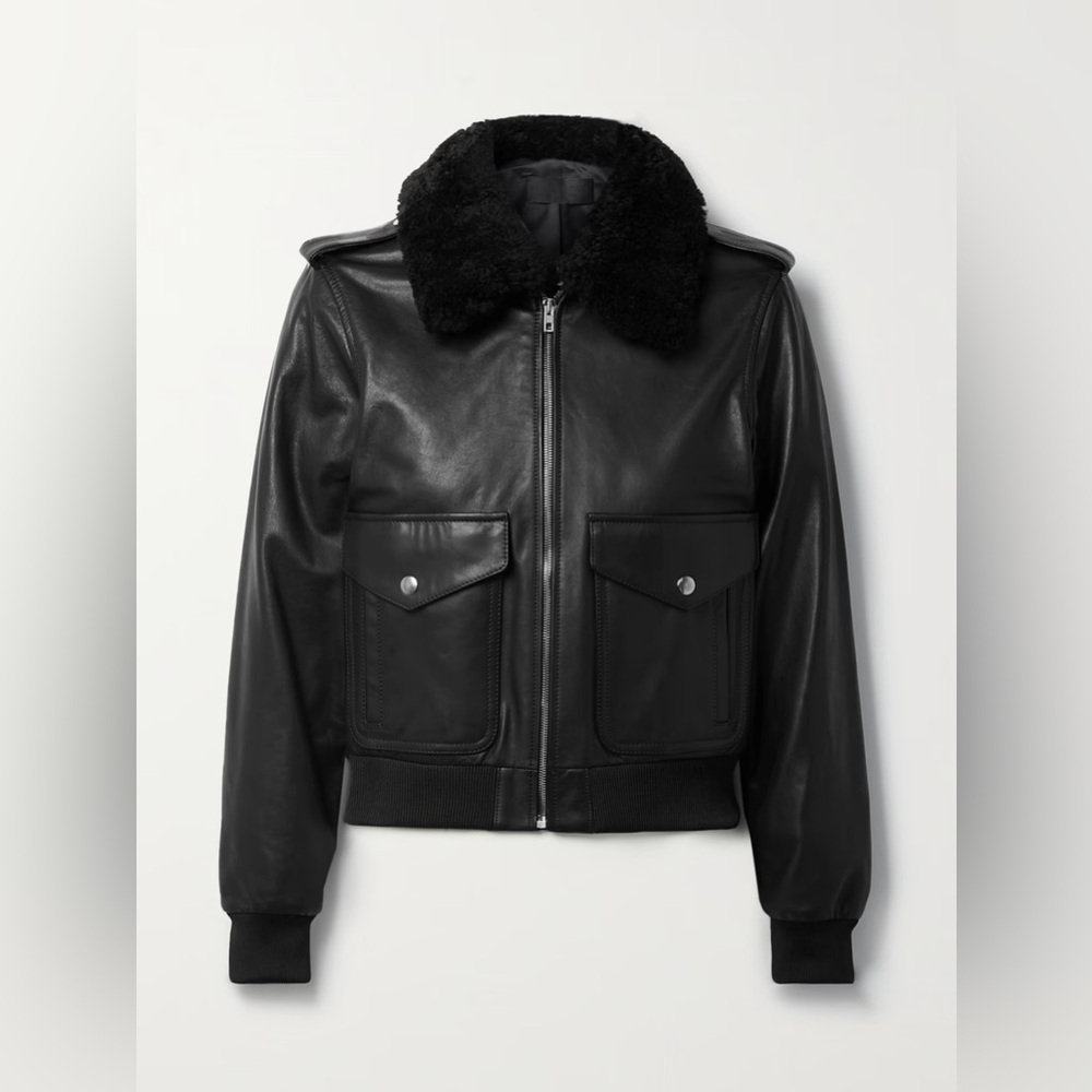 Nili Lotan Kenzie Genuine Shearling Collar Leather Aviator Jacket - Picture 6 of 7